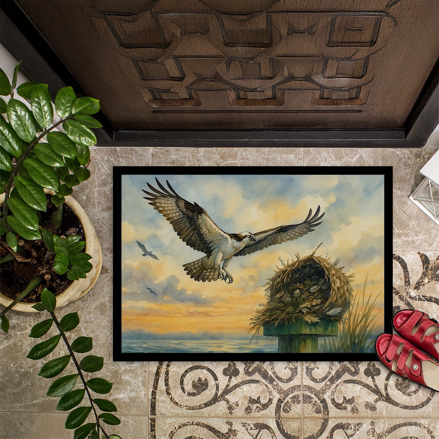 Osprey Nest Coastal Bird Wildlife Ocean Watercolor Doormat Indoor Outdoor 18H X 27W Front Door Mat Rugs for Entryway, Non Slip Washable