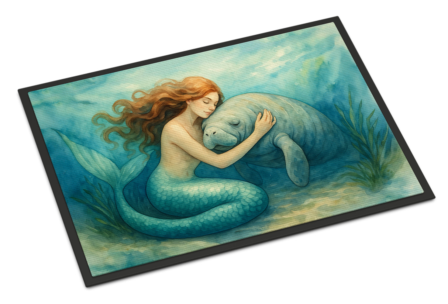 Mermaid and Manatee Ocean Friendship Coastal Watercolor Doormat Indoor Outdoor 24H X 36W Front Door Mat Rugs for Entryway, Non Slip Washable Low Pile,