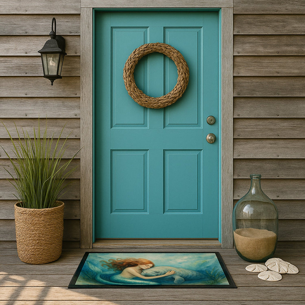 Mermaid and Manatee Ocean Friendship Coastal Watercolor Doormat Indoor Outdoor 24H X 36W Front Door Mat Rugs for Entryway, Non Slip Washable Low Pile,