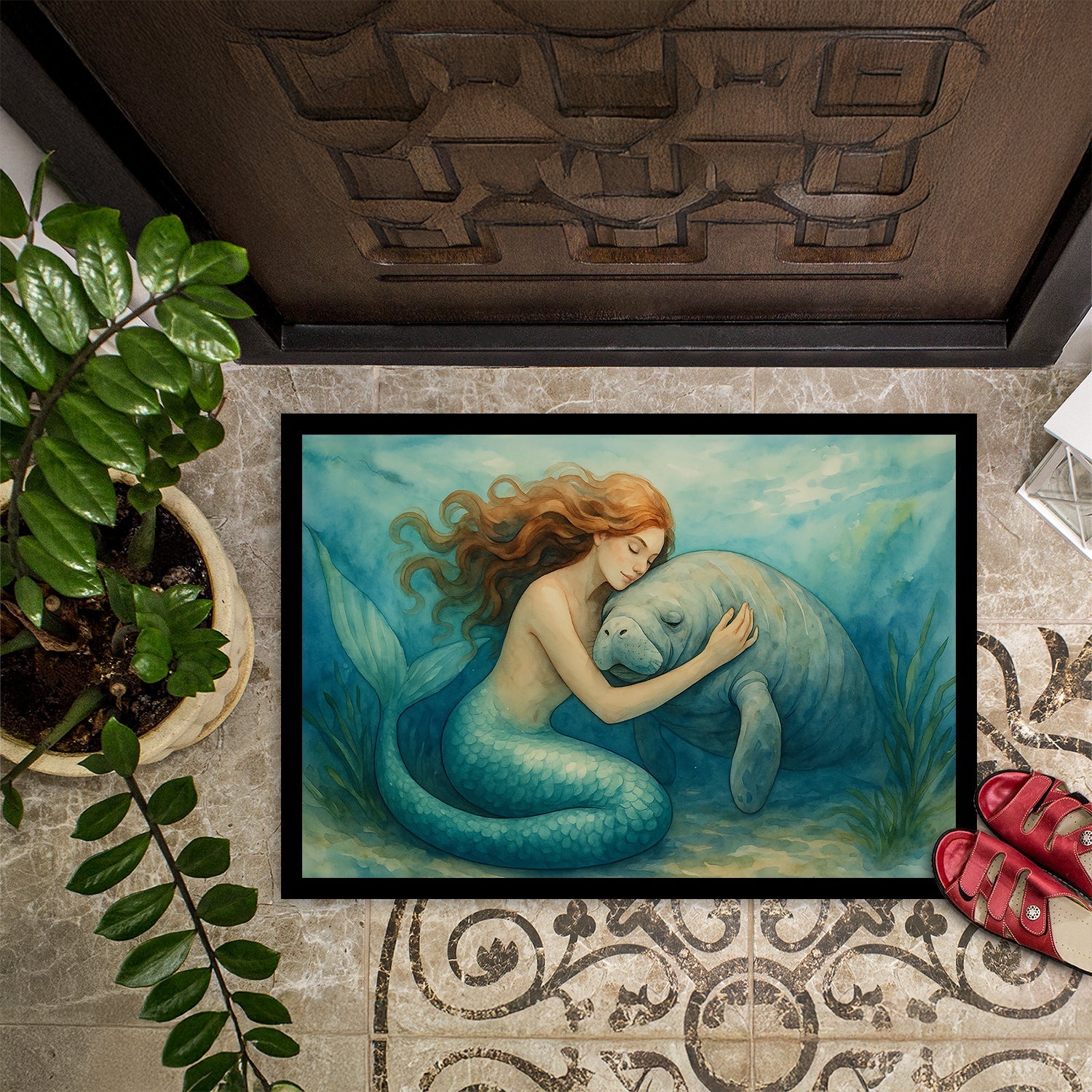Mermaid and Manatee Ocean Friendship Coastal Watercolor Doormat Indoor Outdoor 24H X 36W Front Door Mat Rugs for Entryway, Non Slip Washable Low Pile,