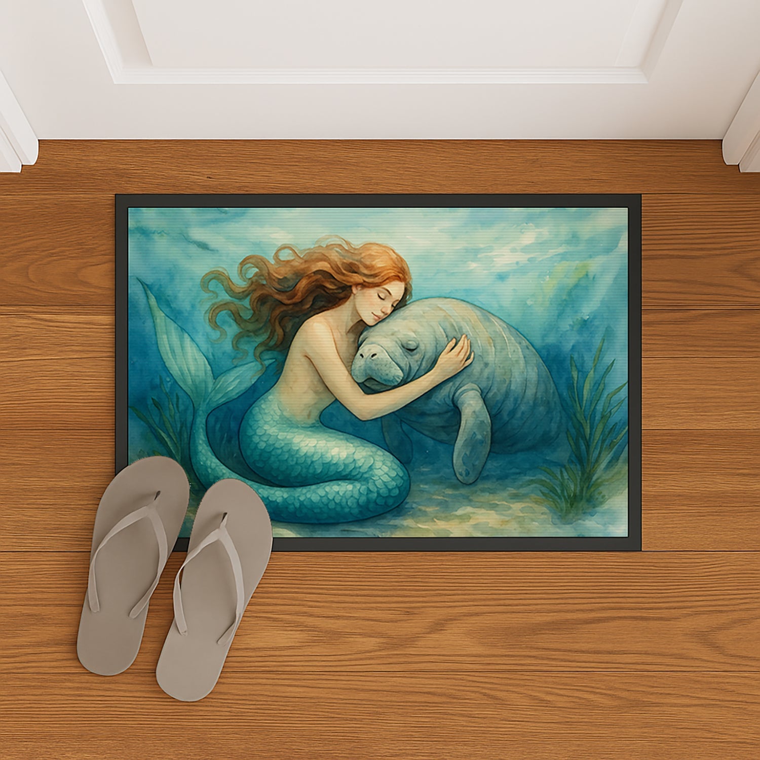 Mermaid and Manatee Ocean Friendship Coastal Watercolor Doormat Indoor Outdoor 24H X 36W Front Door Mat Rugs for Entryway, Non Slip Washable Low Pile,