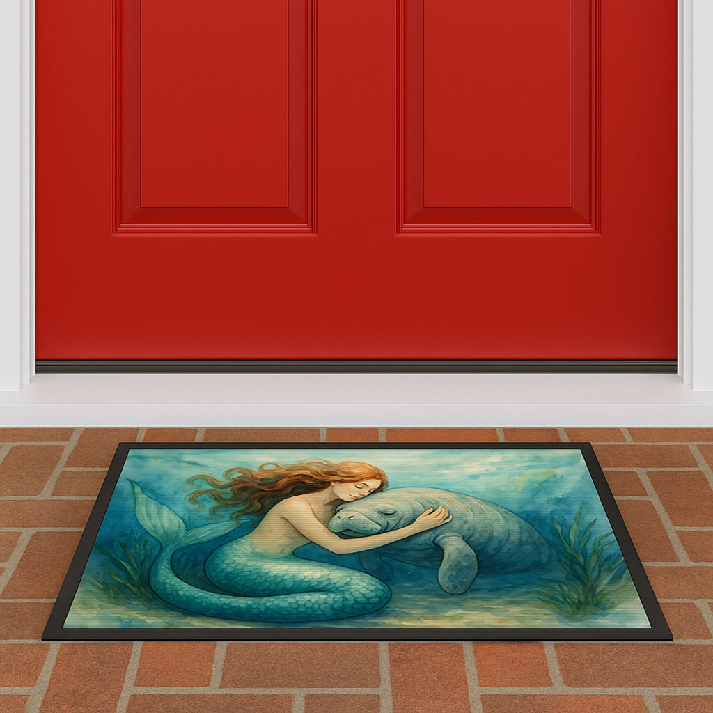 Mermaid and Manatee Ocean Friendship Coastal Watercolor Doormat Indoor Outdoor 24H X 36W Front Door Mat Rugs for Entryway, Non Slip Washable Low Pile,