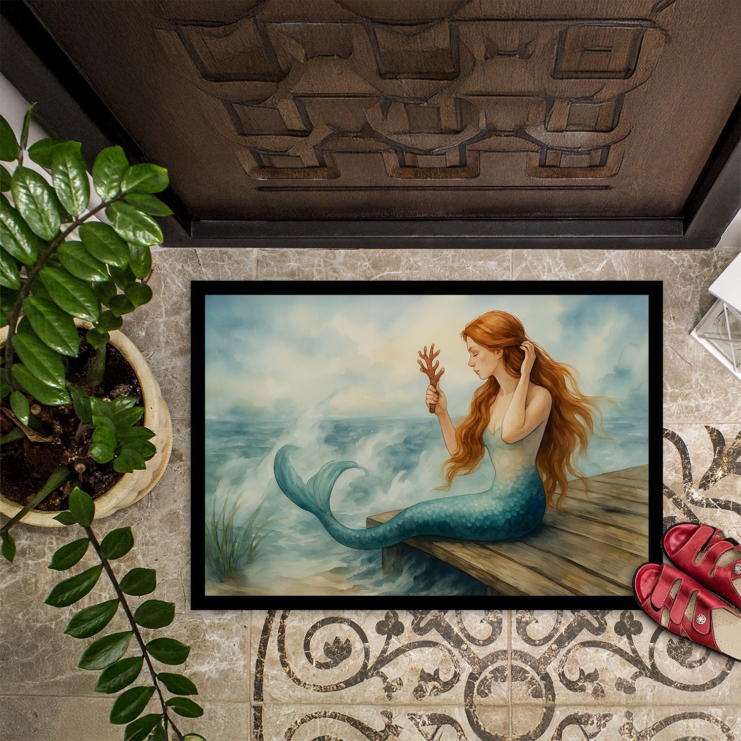 Mermaid Coastal Ocean Fantasy Watercolor Art Doormat Indoor Outdoor 24H X 36W Front Door Mat Rugs for Entryway, Non Slip Washable Low Pile,