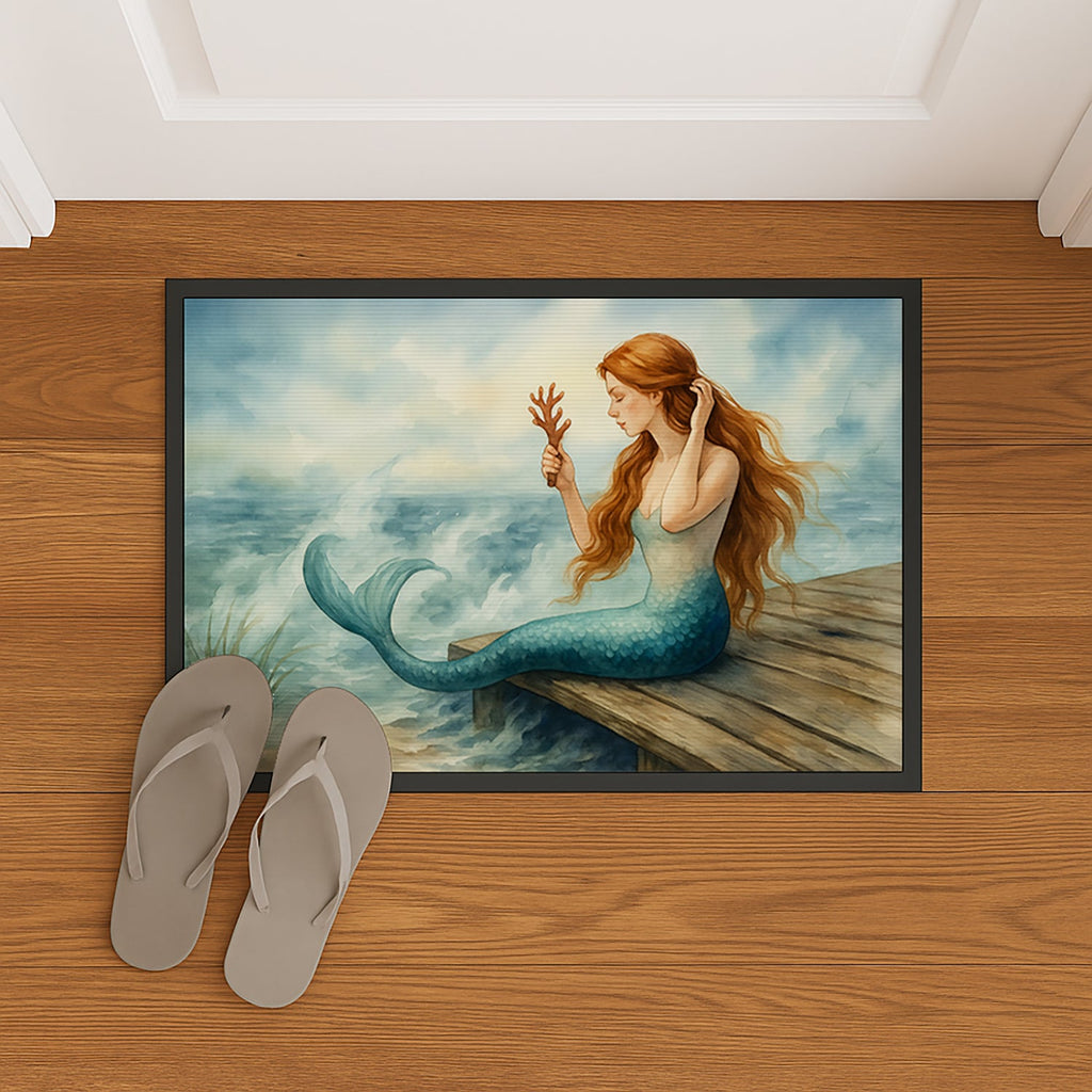 Mermaid Coastal Ocean Fantasy Watercolor Art Doormat Indoor Outdoor 24H X 36W Front Door Mat Rugs for Entryway, Non Slip Washable Low Pile,