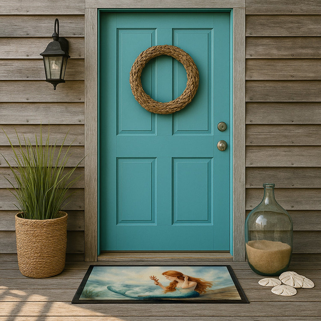 Mermaid Coastal Ocean Fantasy Watercolor Art Doormat Indoor Outdoor 18H X 27W Front Door Mat Rugs for Entryway, Non Slip Washable