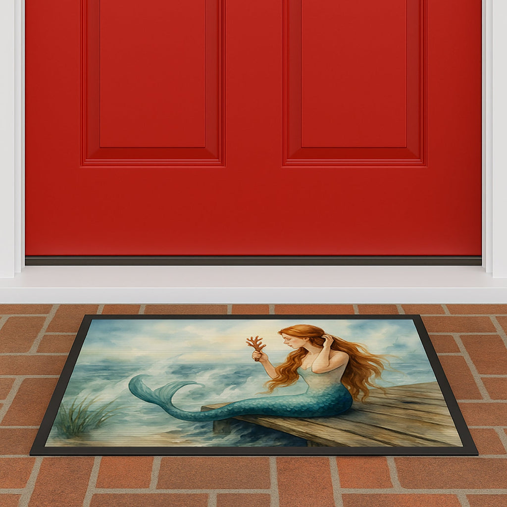 Mermaid Coastal Ocean Fantasy Watercolor Art Doormat Indoor Outdoor 18H X 27W Front Door Mat Rugs for Entryway, Non Slip Washable