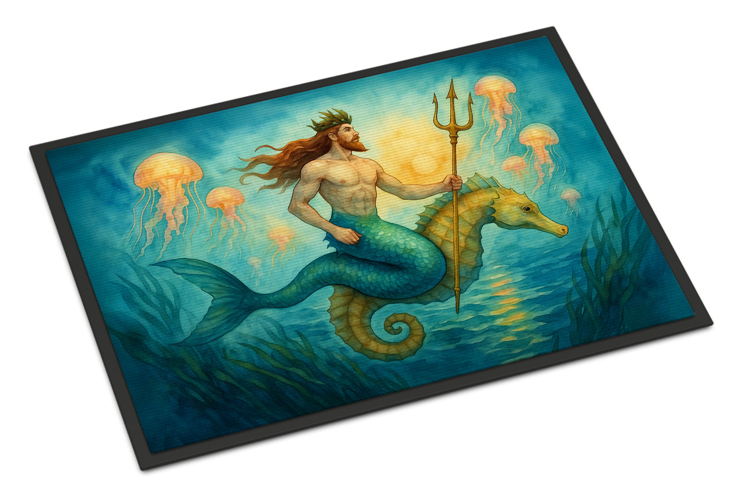 Neptune Sea God Seahorse Ocean Fantasy Merman Art Doormat Indoor Outdoor 24H X 36W Front Door Mat Rugs for Entryway, Non Slip Washable Low Pile,
