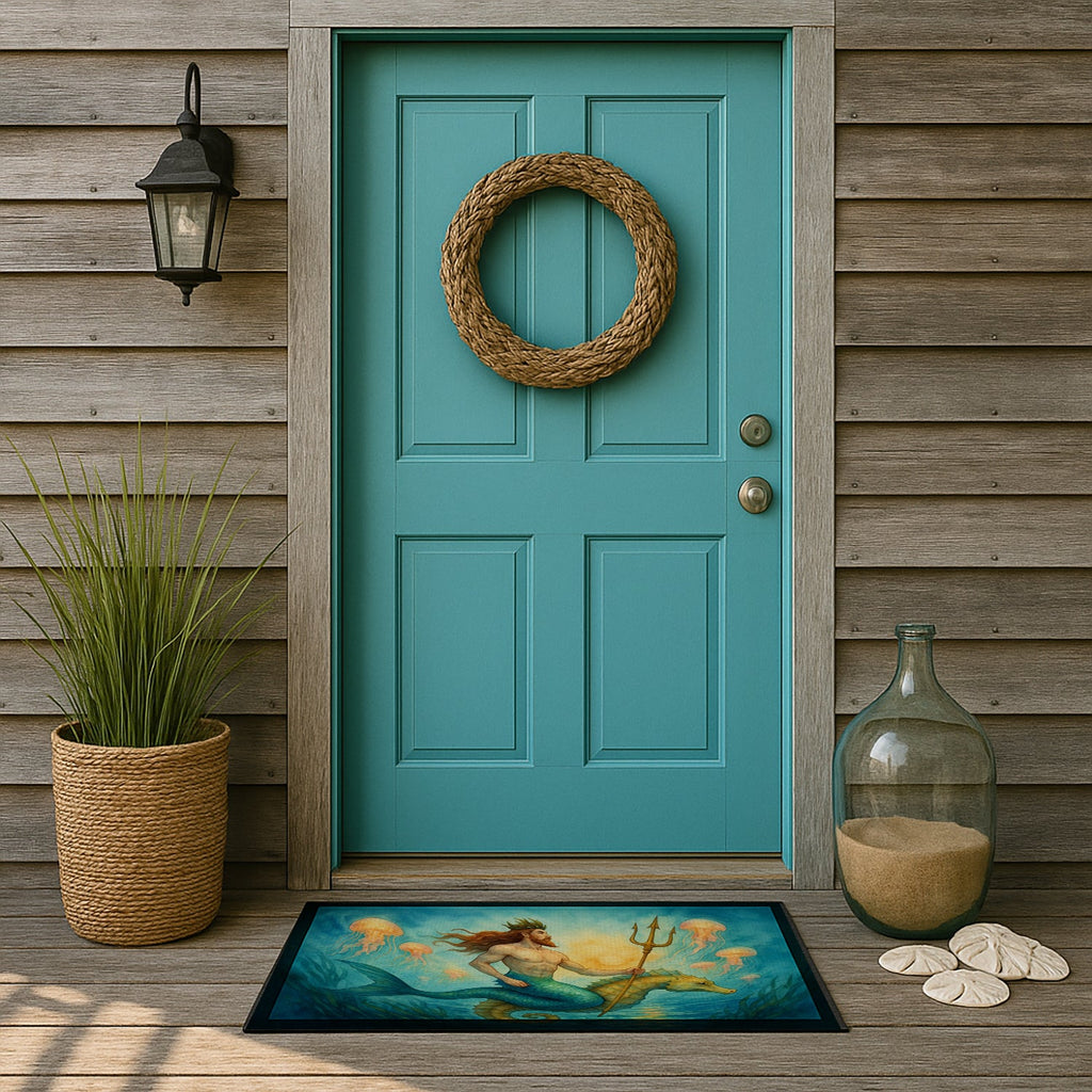 Neptune Sea God Seahorse Ocean Fantasy Merman Art Doormat Indoor Outdoor 24H X 36W Front Door Mat Rugs for Entryway, Non Slip Washable Low Pile,