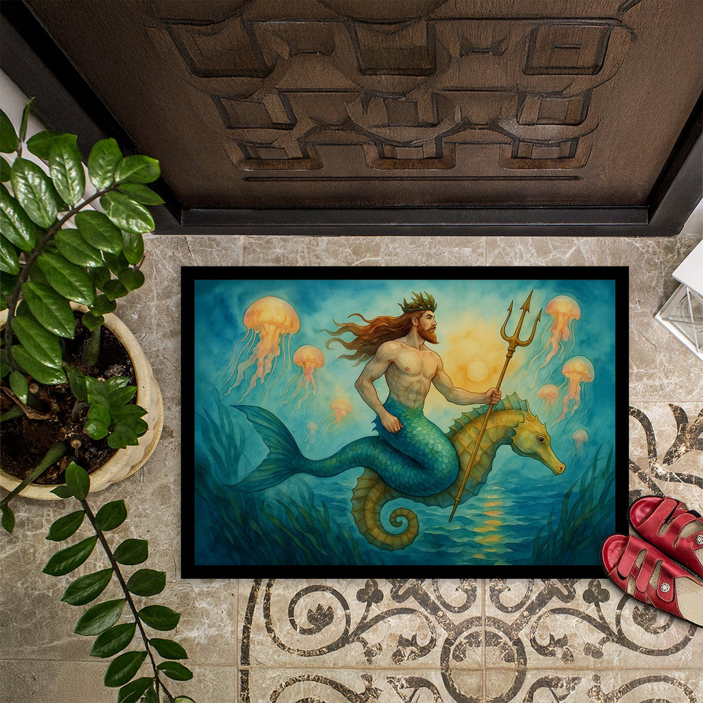 Neptune Sea God Seahorse Ocean Fantasy Merman Art Doormat Indoor Outdoor 24H X 36W Front Door Mat Rugs for Entryway, Non Slip Washable Low Pile,