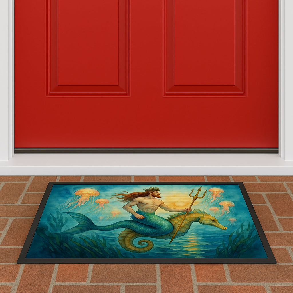 Neptune Sea God Seahorse Ocean Fantasy Merman Art Doormat Indoor Outdoor 18H X 27W Front Door Mat Rugs for Entryway, Non Slip Washable