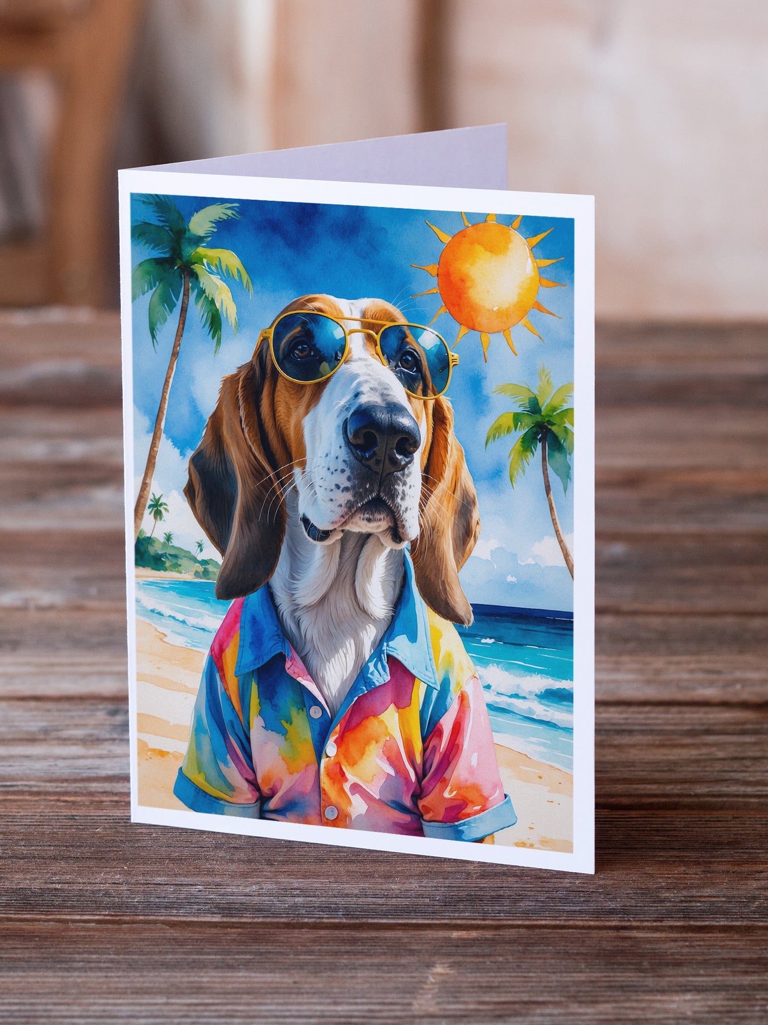 Basset Hound Summer Beach Time Greeting Cards Pack of 8 Blank Cards with Envelopes Whimsical A7 Size 5x7