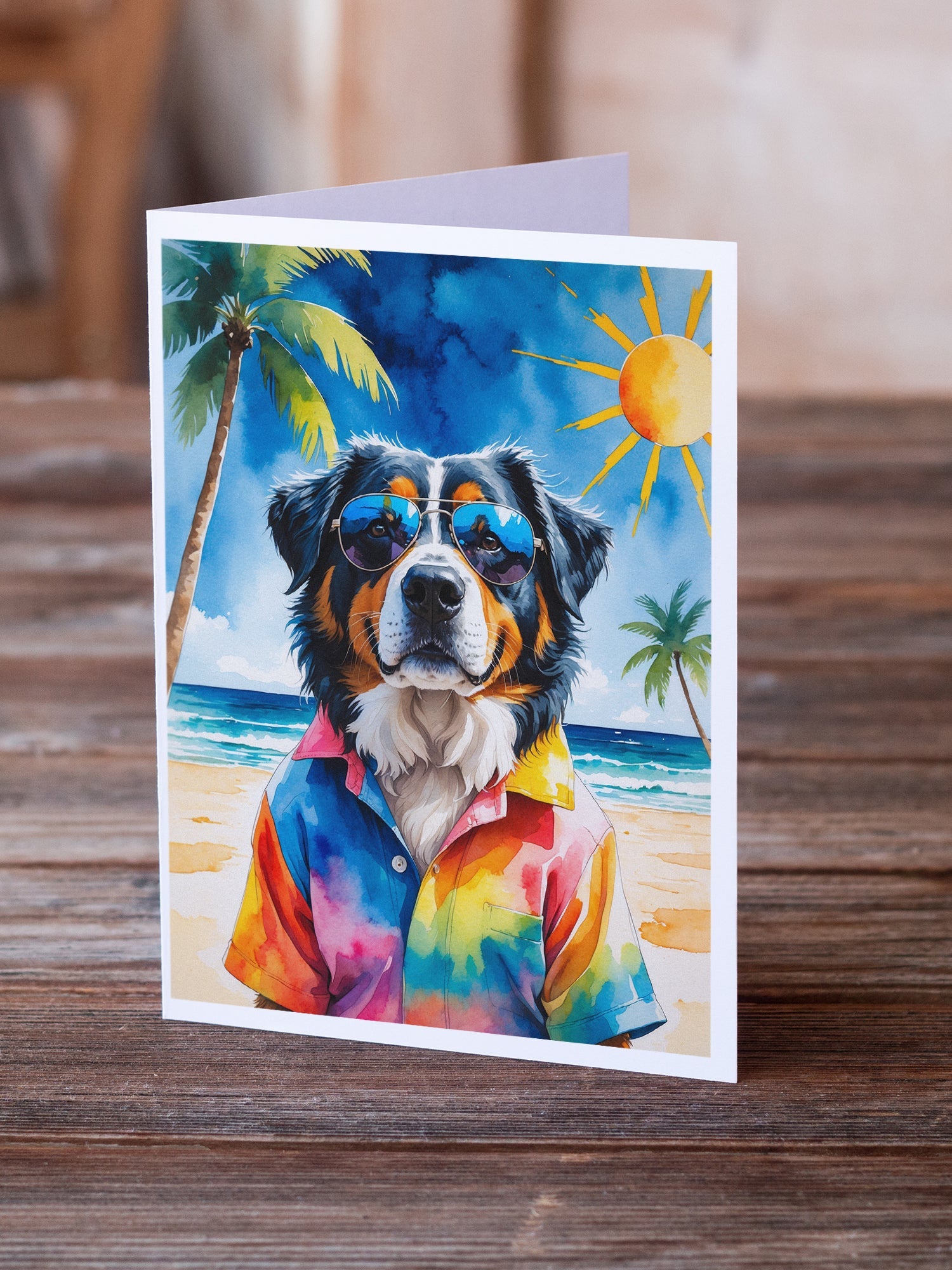 Bernese Mountain Dog Summer Beach Time Greeting Cards Pack of 8 Blank Cards with Envelopes Whimsical A7 Size 5x7
