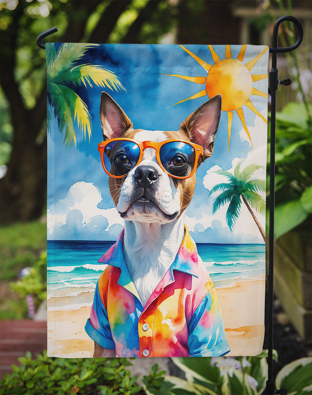 Red Boston Terrier Summer Beach Time Garden Flag Mailbox Decorative Yard Banner Outside Patio Artwork for Flower Beds, Garden Size, Multicolor