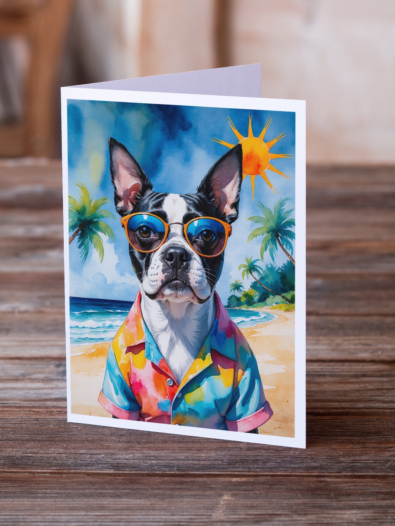 Boston Terrier Summer Beach Time Greeting Cards Pack of 8 Blank Cards with Envelopes Whimsical A7 Size 5x7