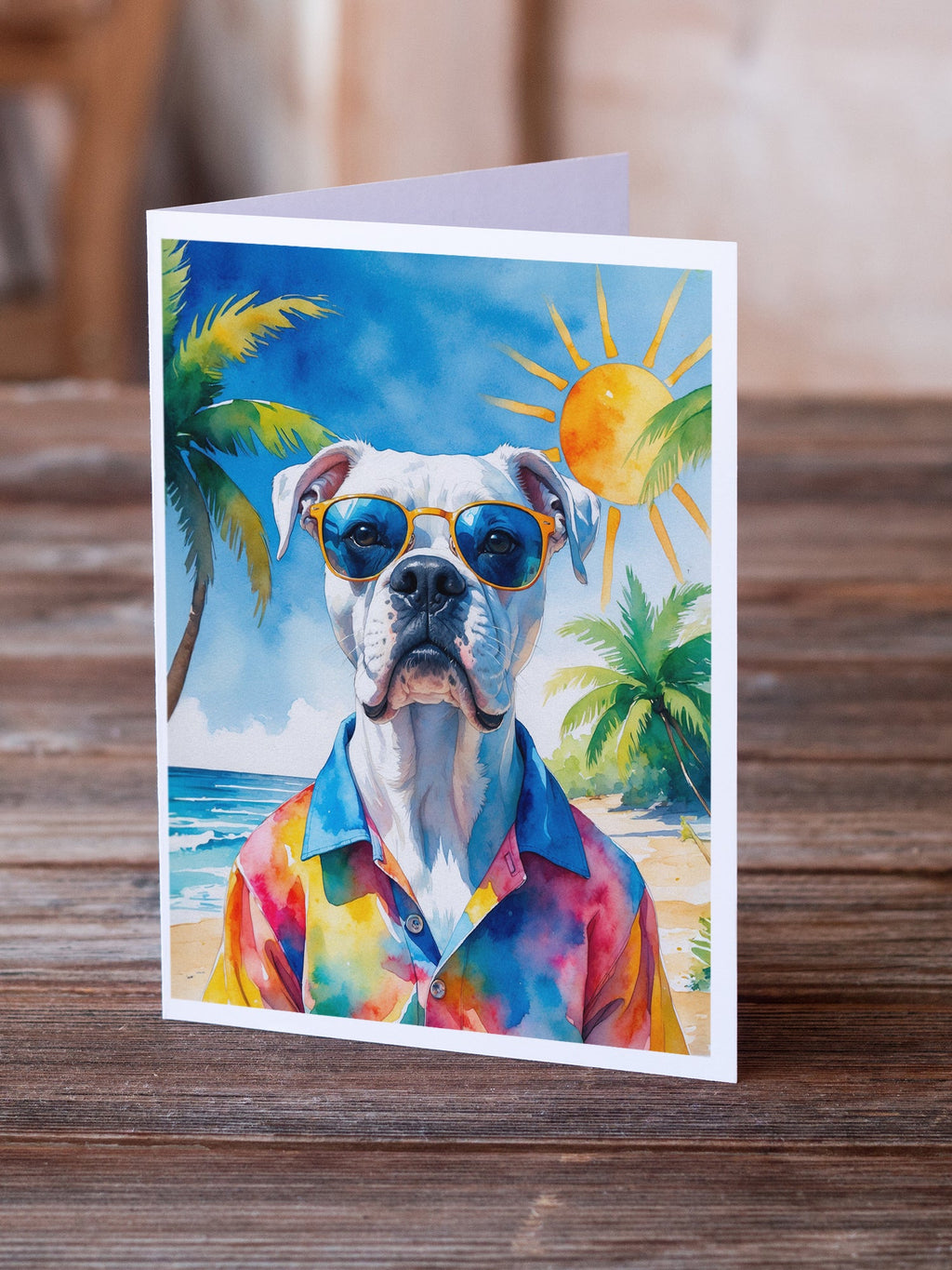 White Boxer Summer Beach Time Greeting Cards Pack of 8 Blank Cards with Envelopes Whimsical A7 Size 5x7
