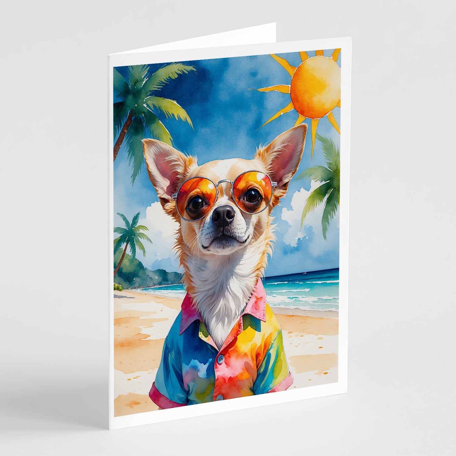 Chihuahua Summer Beach Time Greeting Cards Pack of 8 Blank Cards with Envelopes Whimsical A7 Size 5x7