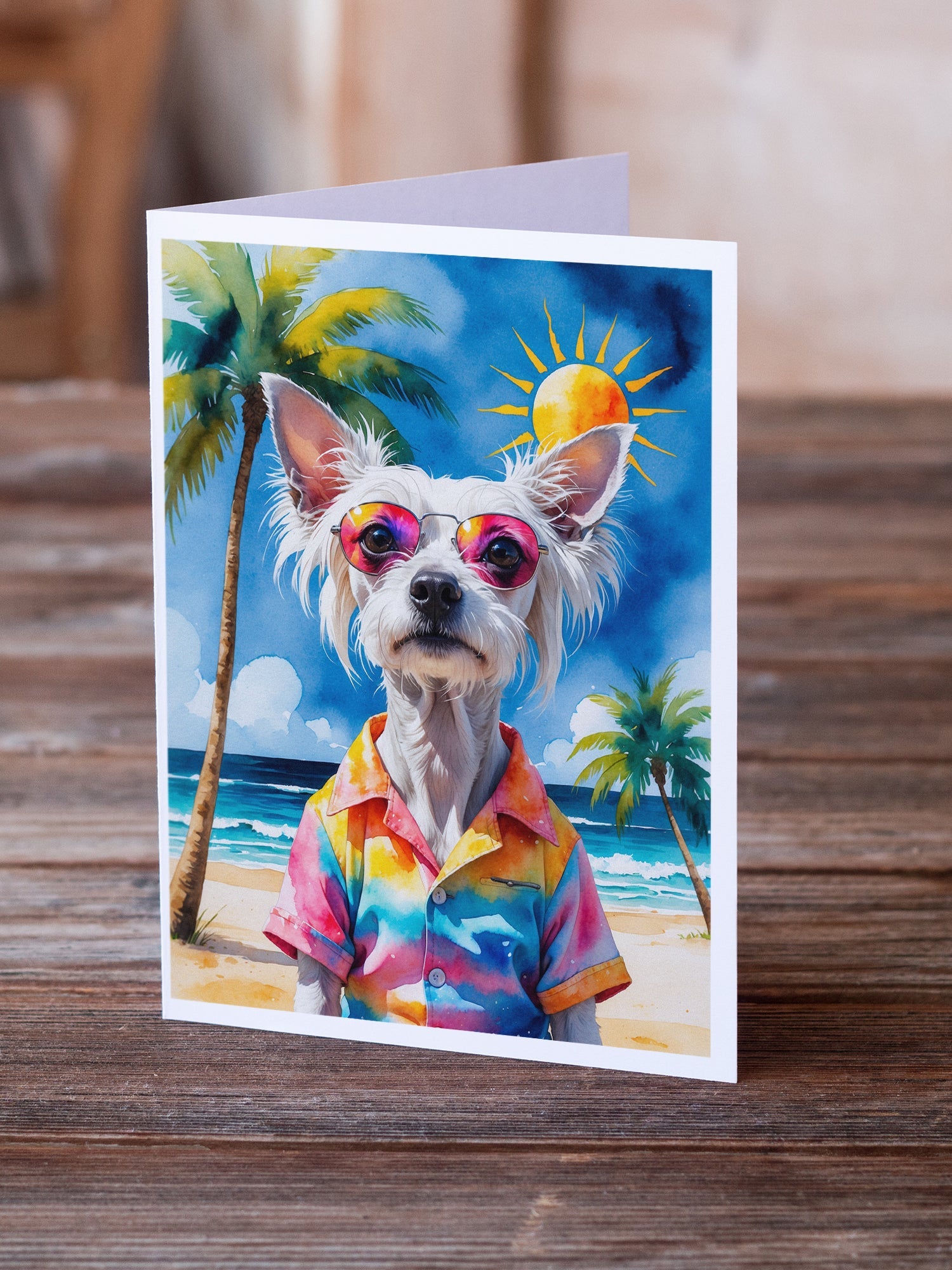 Chinese Crested Summer Beach Time Greeting Cards Pack of 8 Blank Cards with Envelopes Whimsical A7 Size 5x7