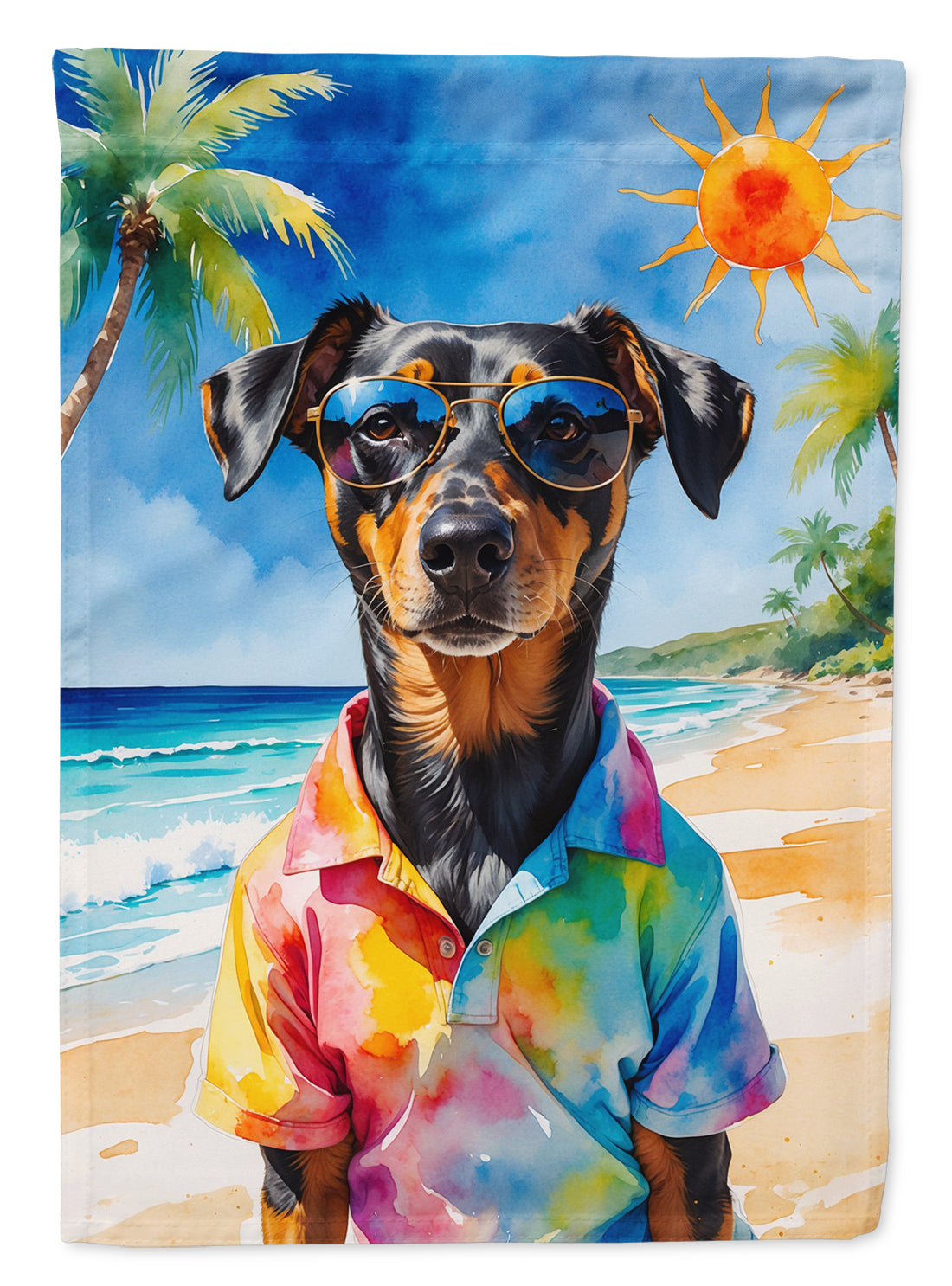Doberman Pinscher Summer Beach Time House Flag 28x40 Porch Sleeve Pole Decorative Outside Yard Banner Artwork Wall Hanging, Polyester