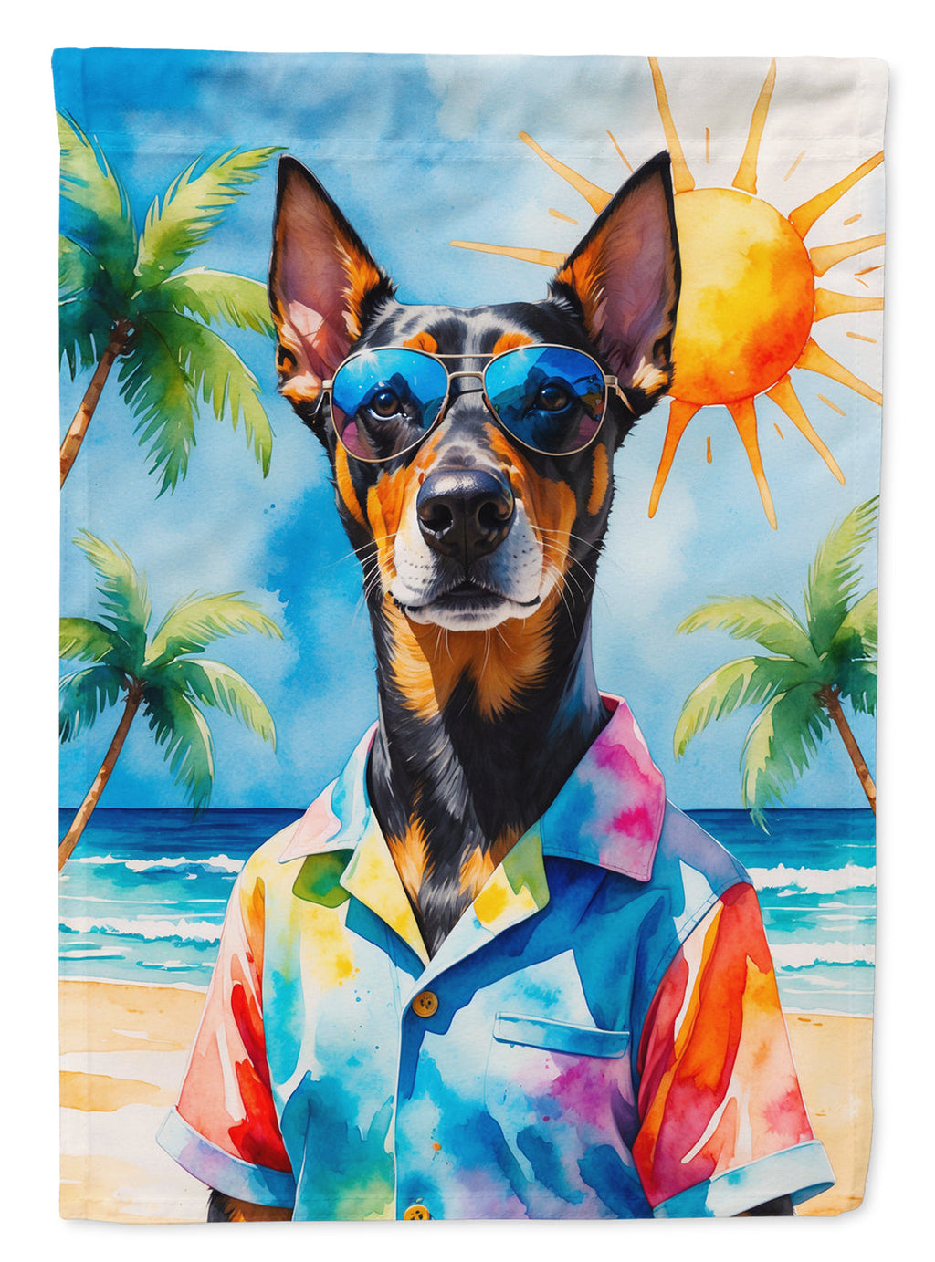 Doberman Pinscher Summer Beach Time House Flag 28x40 Porch Sleeve Pole Decorative Outside Yard Banner Artwork Wall Hanging, Polyester
