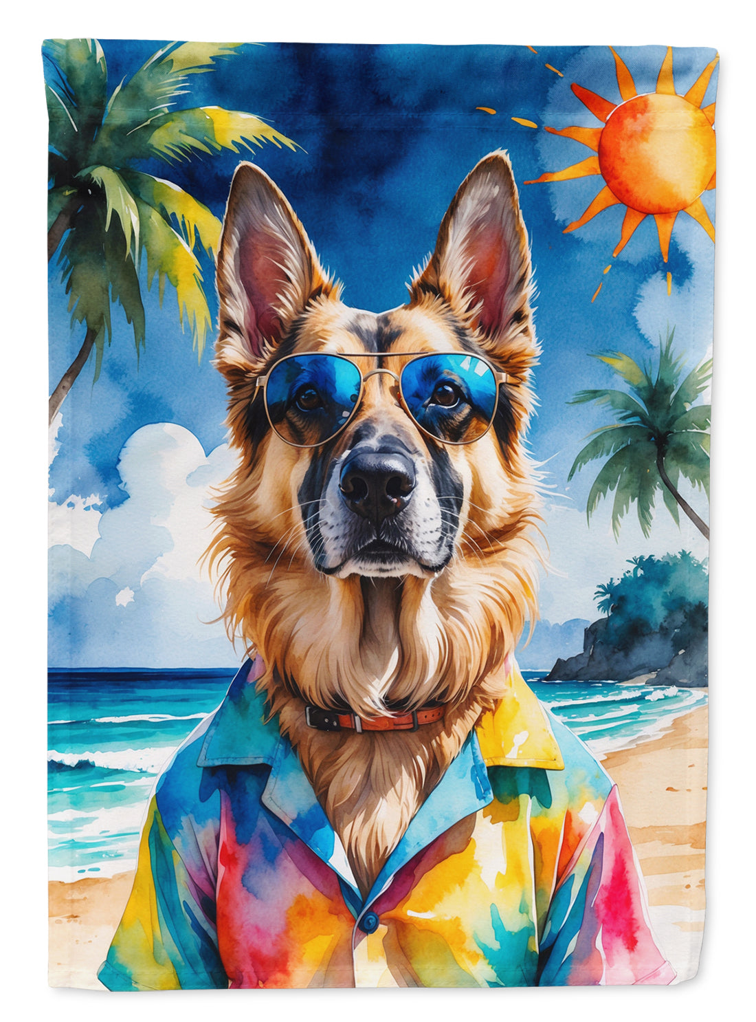 German Shepherd Summer Beach Time House Flag 28x40 Porch Sleeve Pole Decorative Outside Yard Banner Artwork Wall Hanging, Polyester