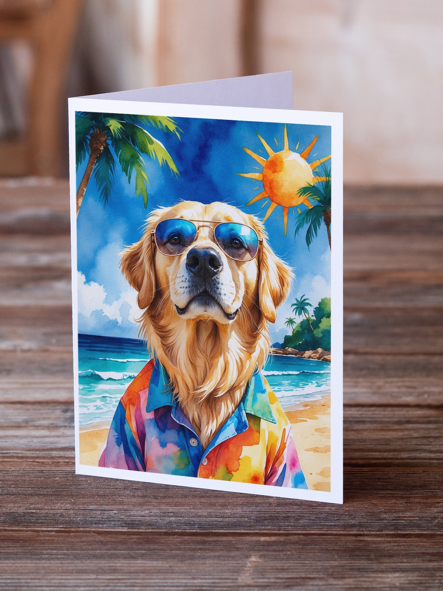 Golden Retriever Summer Beach Time Greeting Cards Pack of 8 Blank Cards with Envelopes Whimsical A7 Size 5x7