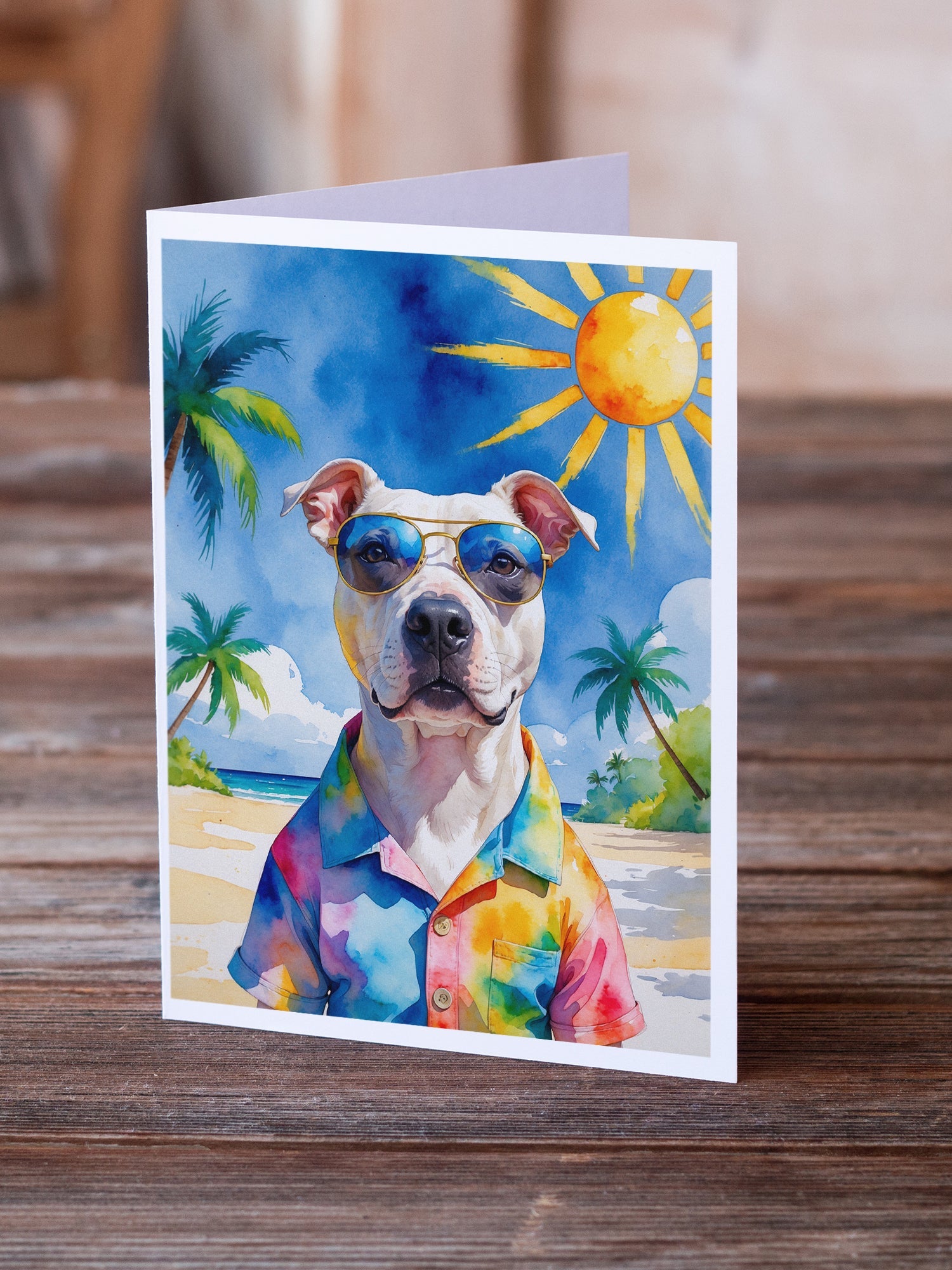 Pit Bull Terrier Summer Beach Time Greeting Cards Pack of 8 Blank Cards with Envelopes Whimsical A7 Size 5x7