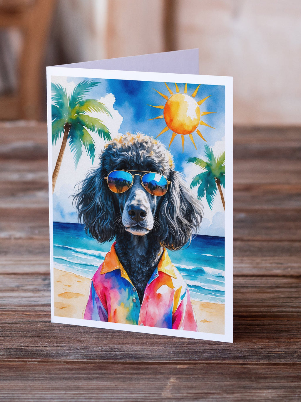 Black Poodle Summer Beach Time Greeting Cards Pack of 8 Blank Cards with Envelopes Whimsical A7 Size 5x7