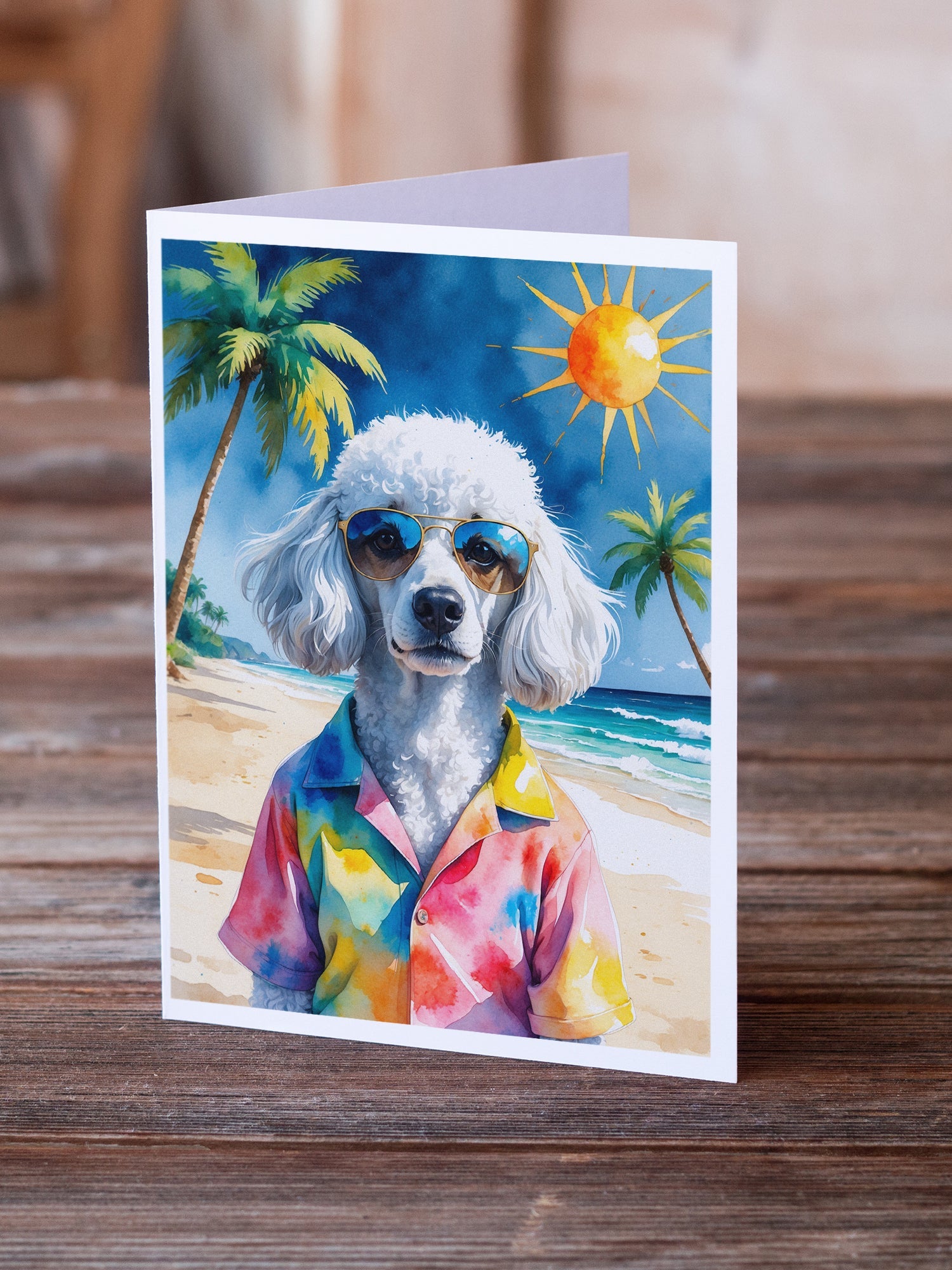 White Poodle Summer Beach Time Greeting Cards Pack of 8 Blank Cards with Envelopes Whimsical A7 Size 5x7