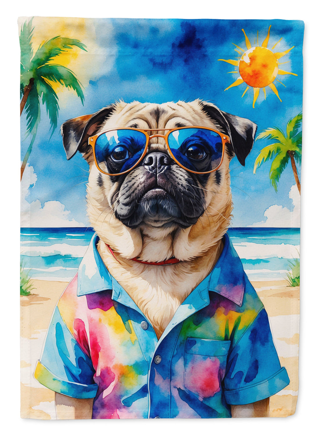 Pug Summer Beach Time House Flag 28x40 Porch Sleeve Pole Decorative Outside Yard Banner Artwork Wall Hanging, Polyester