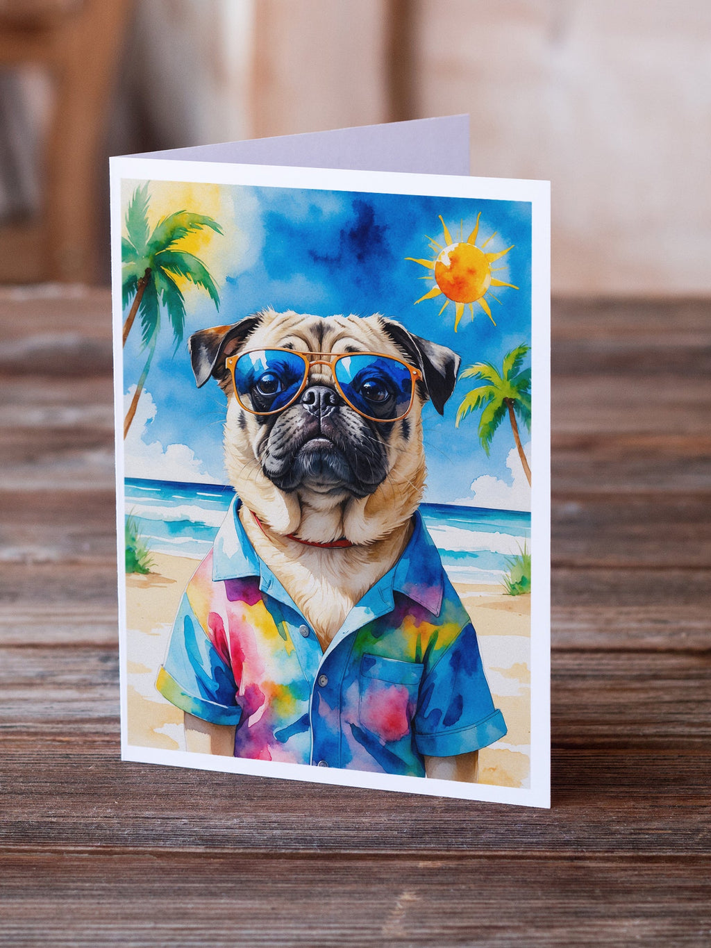 Pug Summer Beach Time Greeting Cards Pack of 8 Blank Cards with Envelopes Whimsical A7 Size 5x7