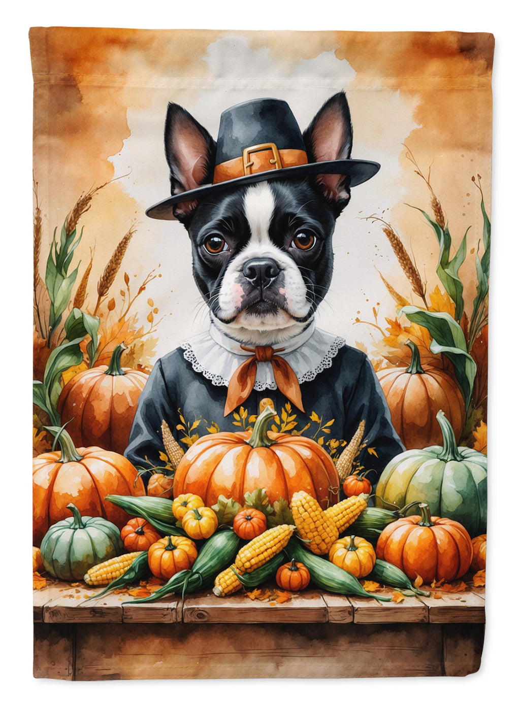 Boston Terrier Thanksgiving House Flag 28x40 Porch Sleeve Pole Decorative Outside Yard Banner Artwork Wall Hanging, Polyester