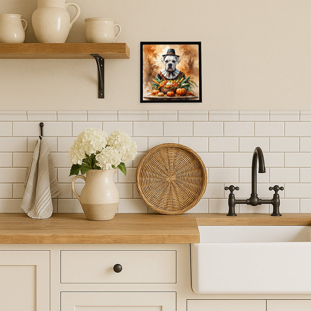 White Boxer Thanksgiving Framed Metal Print Bathroom, Kitchen, Office, Home Decor Wall Art Ready to Hang, Square, 8X8
