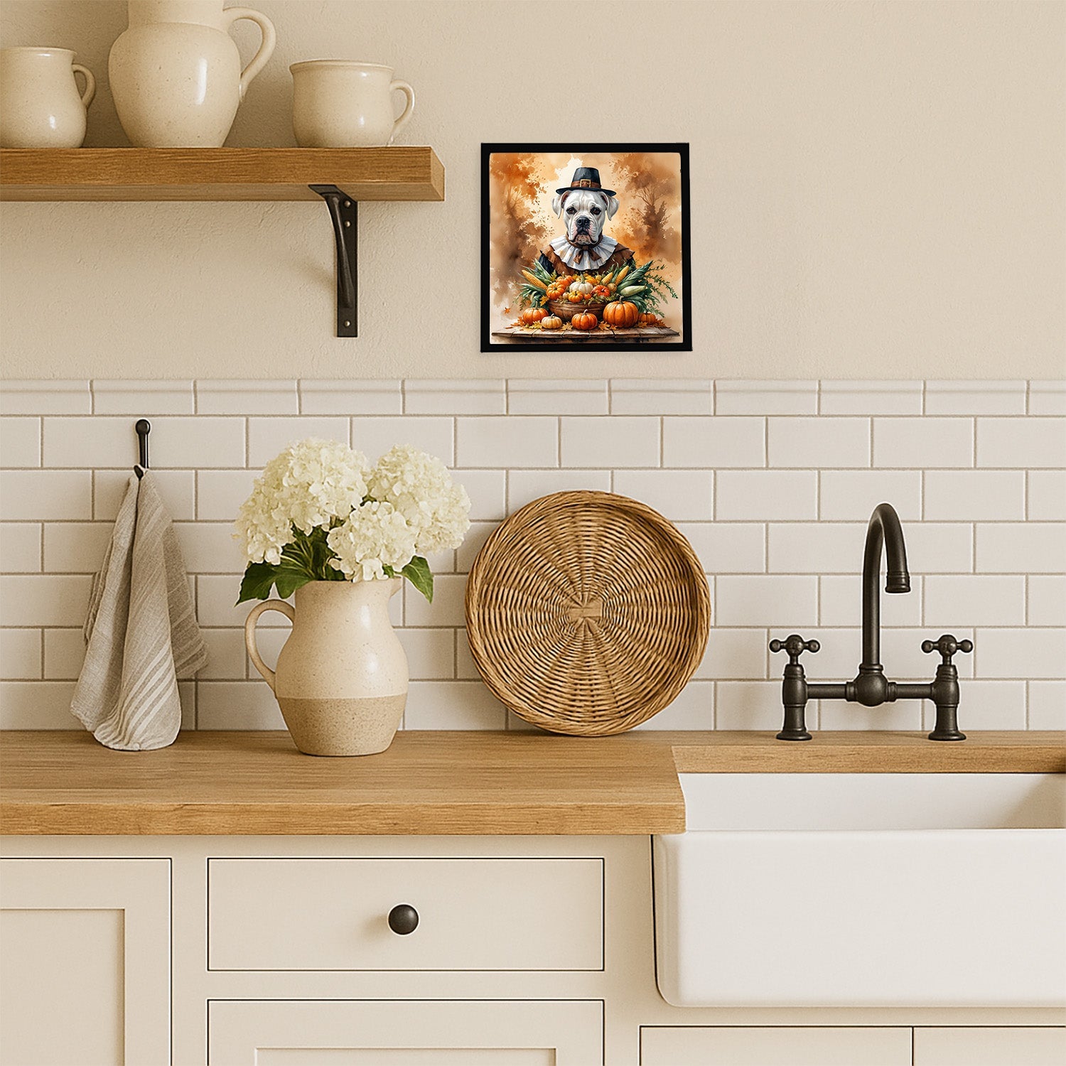 White Boxer Thanksgiving Framed Metal Print Bathroom, Kitchen, Office, Home Decor Wall Art Ready to Hang, Square, 8X8