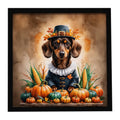 Chocolate Dachshund Thanksgiving Framed Metal Print Bathroom, Kitchen, Office, Home Decor Wall Art Ready to Hang, Square, 8X8
