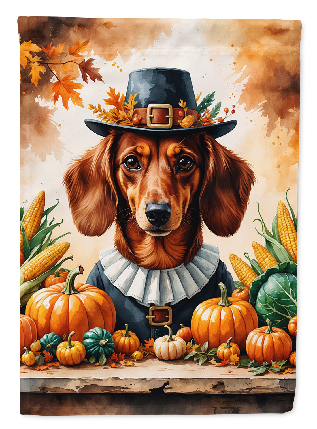 Red Brown Dachshund Thanksgiving House Flag 28x40 Porch Sleeve Pole Decorative Outside Yard Banner Artwork Wall Hanging, Polyester