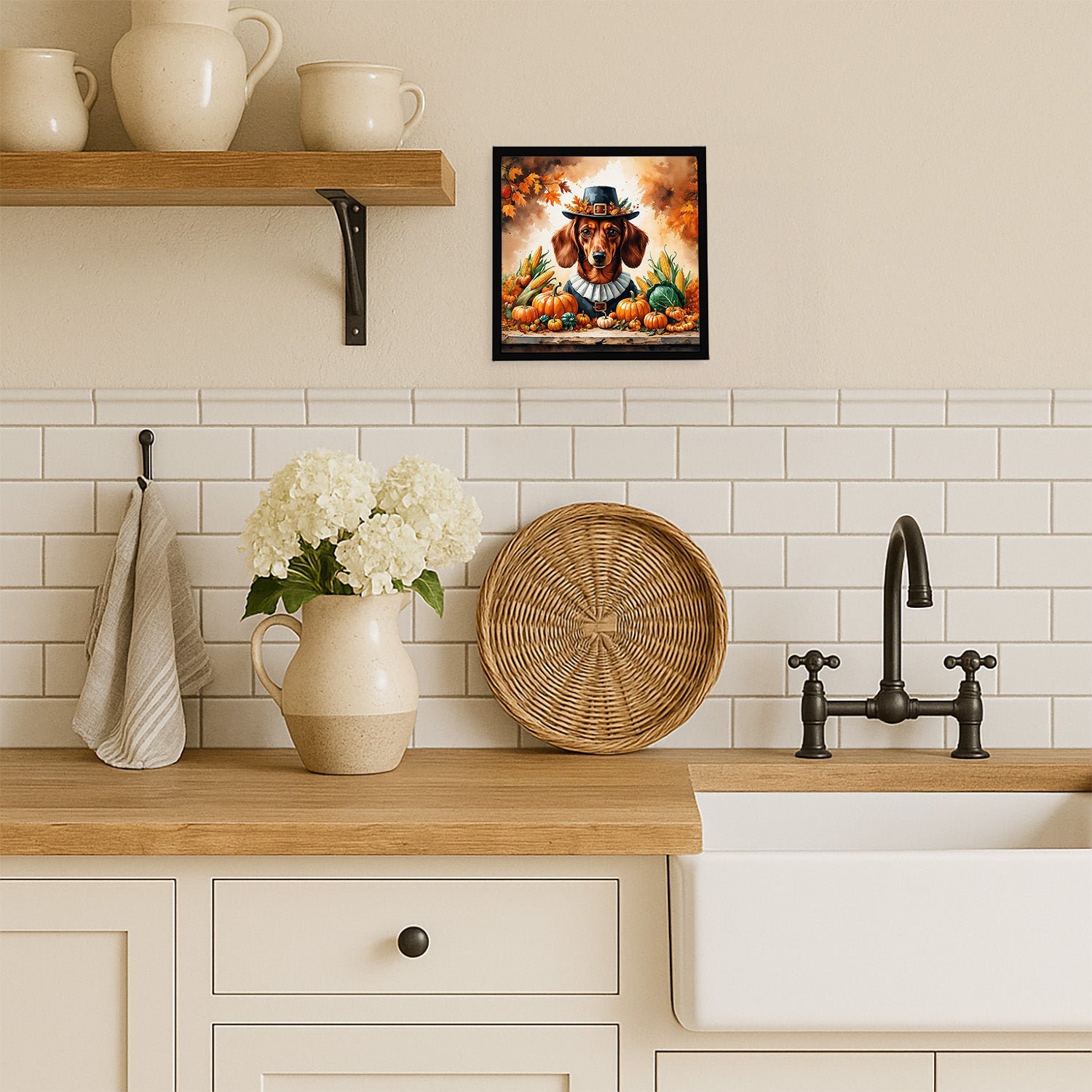 Red Brown Dachshund Thanksgiving Framed Metal Print Bathroom, Kitchen, Office, Home Decor Wall Art Ready to Hang, Square, 8X8