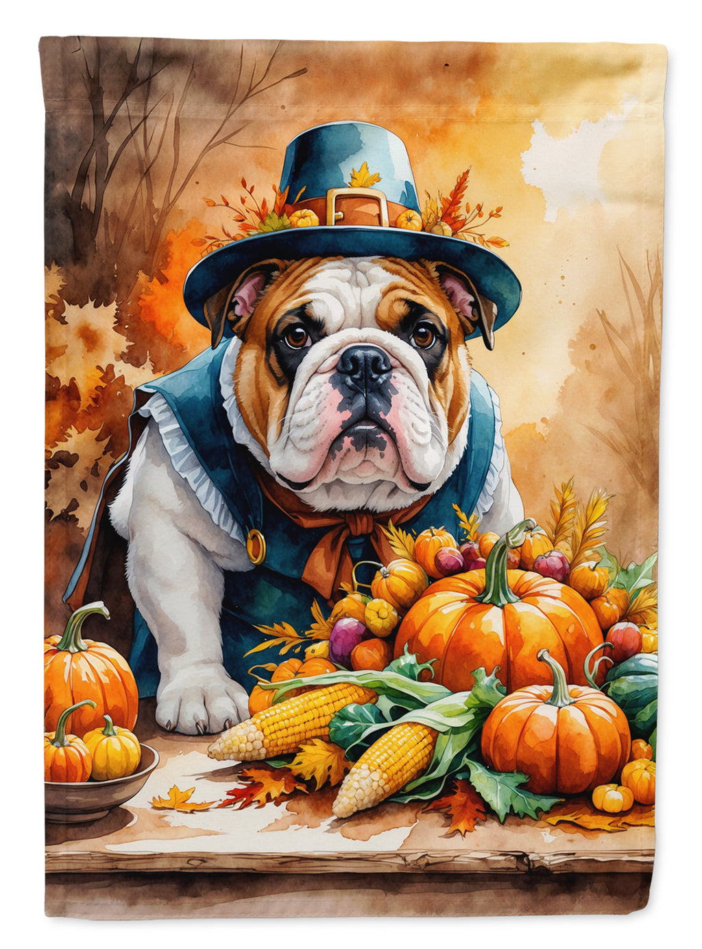 English Bulldog Thanksgiving House Flag 28x40 Porch Sleeve Pole Decorative Outside Yard Banner Artwork Wall Hanging, Polyester