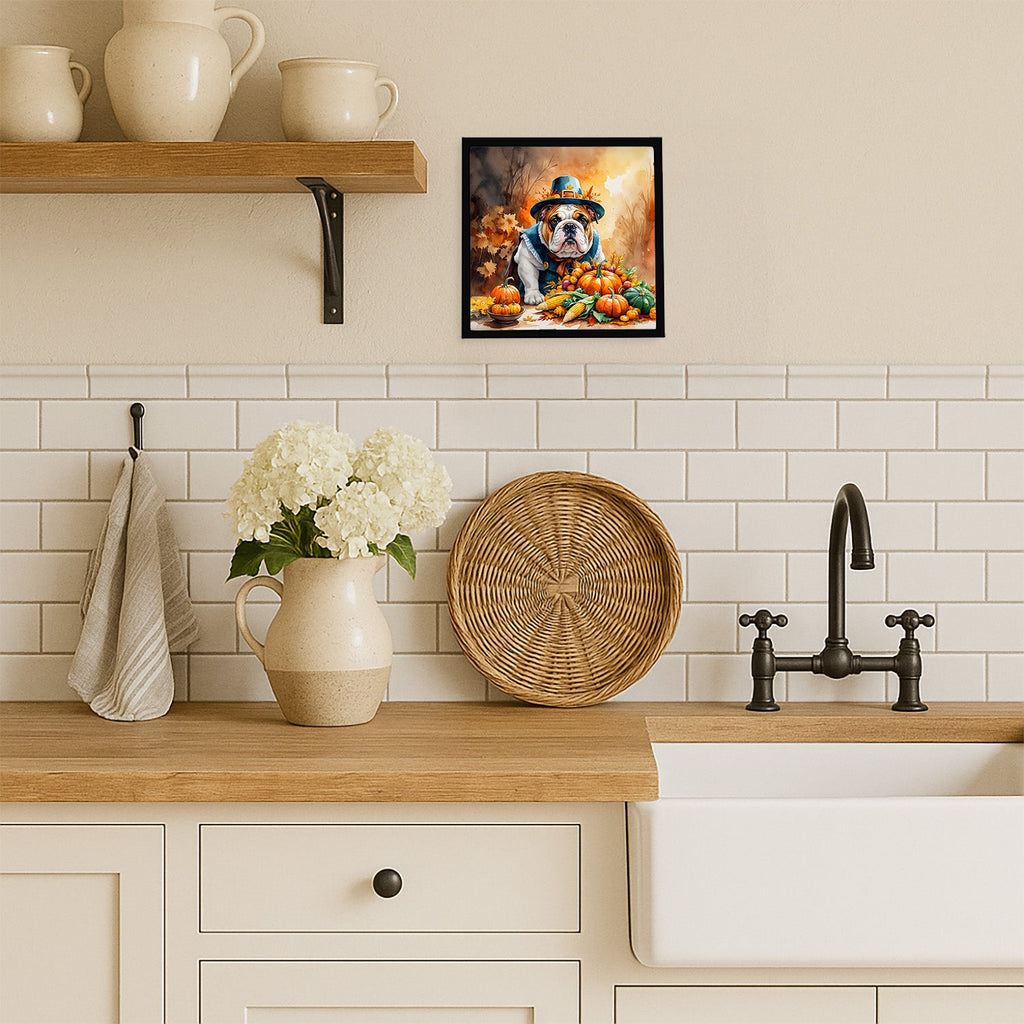 English Bulldog Thanksgiving Framed Metal Print Bathroom, Kitchen, Office, Home Decor Wall Art Ready to Hang, Square, 8X8