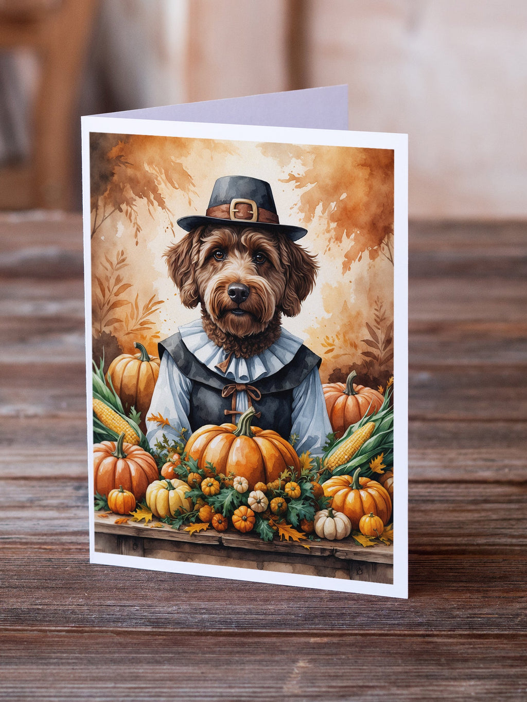 Chocolate Labradoodle Thanksgiving Greeting Cards Pack of 8 Blank Cards with Envelopes Whimsical A7 Size 5x7