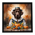 Chocolate Labrador Retriever Thanksgiving Framed Metal Print Bathroom, Kitchen, Office, Home Decor Wall Art Ready to Hang, Square, 8X8