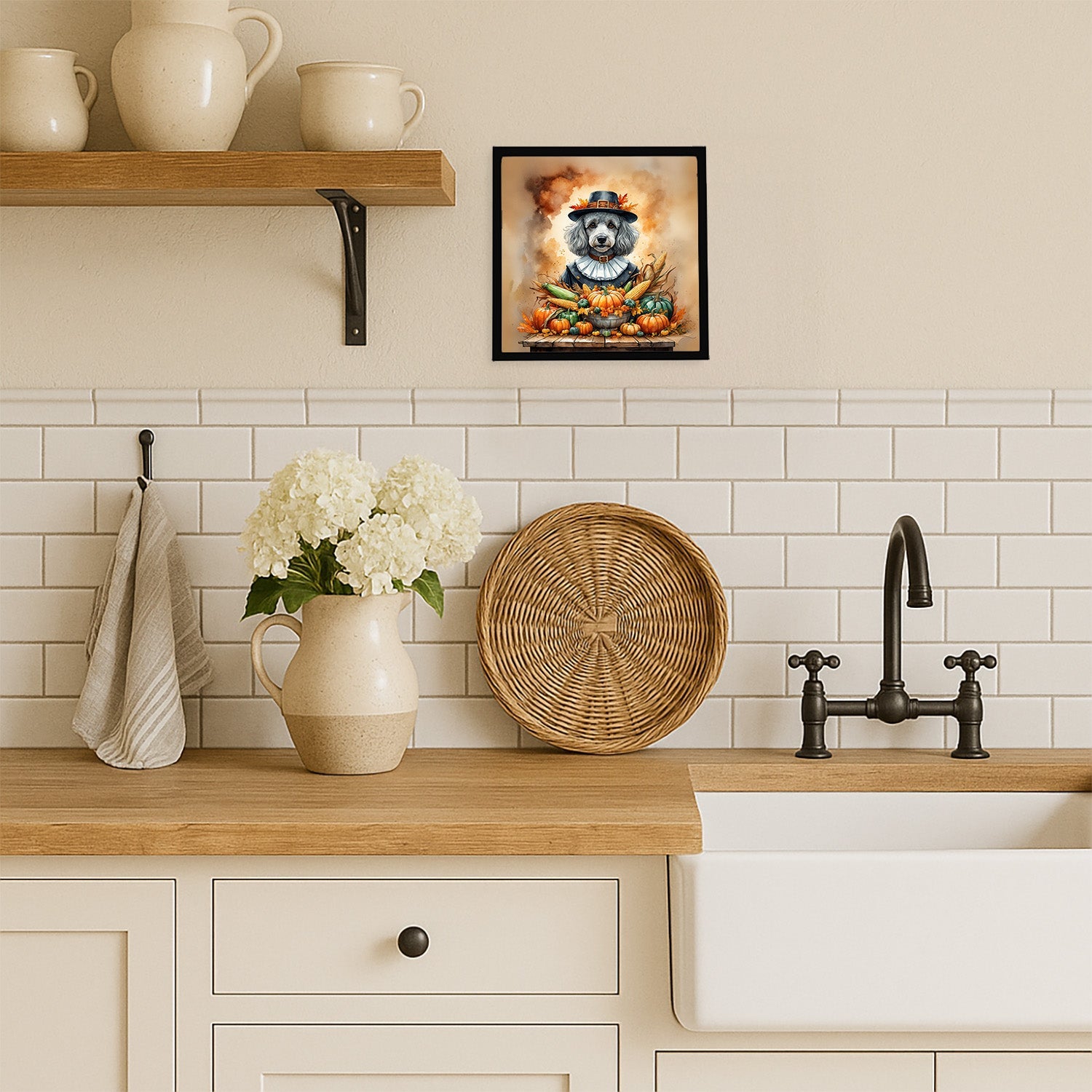 Grey Silver Poodle Thanksgiving Framed Metal Print Bathroom, Kitchen, Office, Home Decor Wall Art Ready to Hang, Square, 8X8