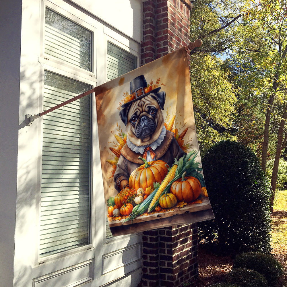 Pug Thanksgiving House Flag 28x40 Porch Sleeve Pole Decorative Outside Yard Banner Artwork Wall Hanging, Polyester