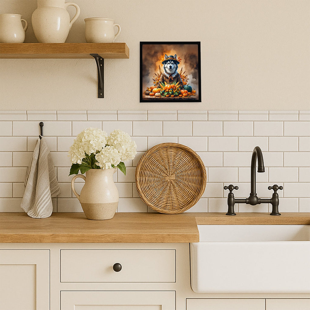 Siberian Husky Thanksgiving Framed Metal Print Bathroom, Kitchen, Office, Home Decor Wall Art Ready to Hang, Square, 8X8