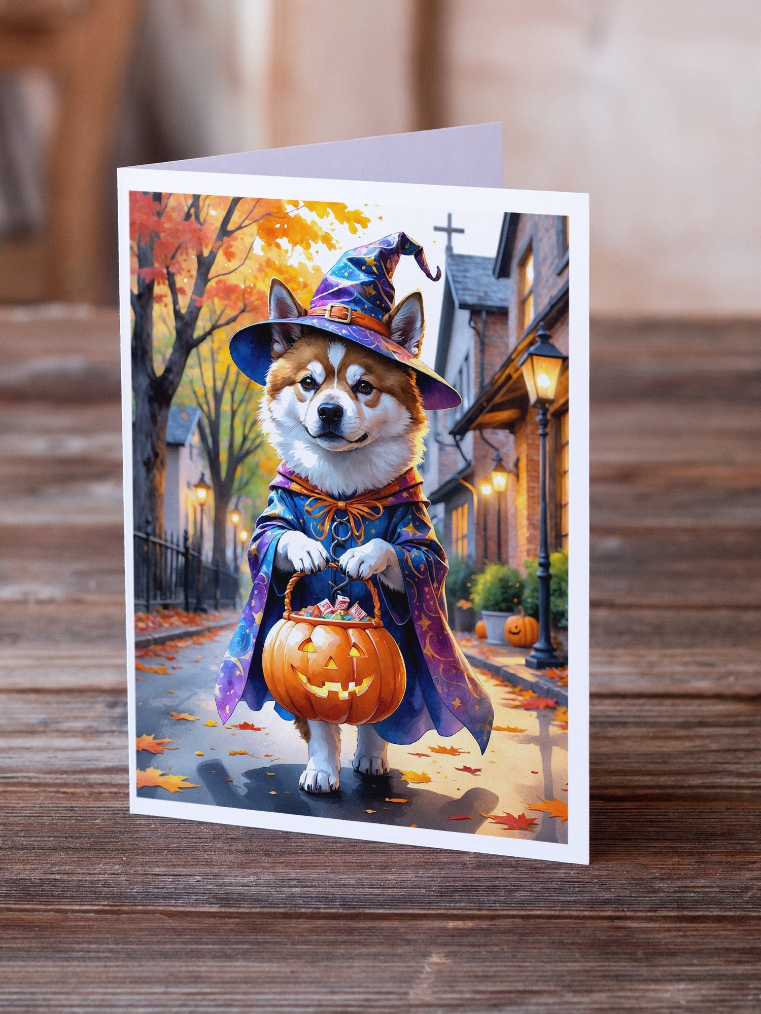 Akita Halloween Trick or Treat Greeting Cards Pack of 8 Blank Cards with Envelopes Whimsical A7 Size 5x7
