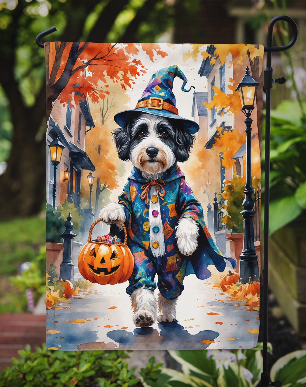 Bernedoodle Halloween Trick or Treat Garden Flag Mailbox Decorative Yard Banner Outside Patio Artwork for Flower Beds, Garden Size, Multicolor