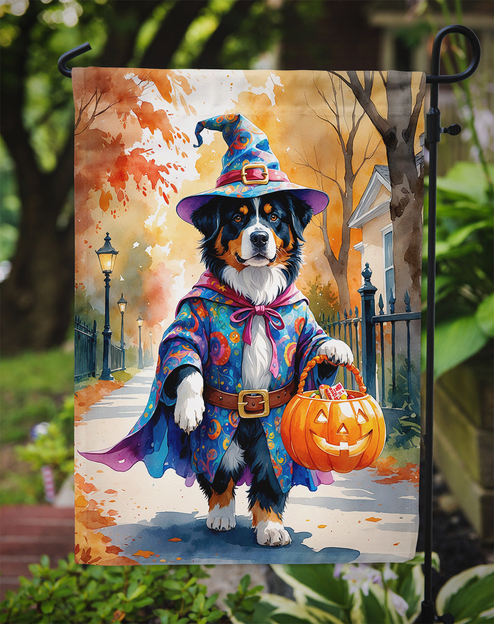 Bernese Mountain Dog Halloween Trick or Treat Garden Flag Mailbox Decorative Yard Banner Outside Patio Artwork for Flower Beds, Garden Size, Multicolor