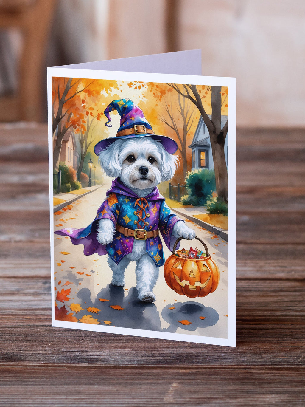 Bichon Frise Halloween Trick or Treat Greeting Cards Pack of 8 Blank Cards with Envelopes Whimsical A7 Size 5x7