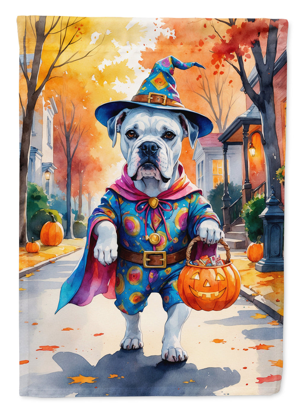 White Boxer Halloween Trick or Treat Garden Flag Mailbox Decorative Yard Banner Outside Patio Artwork for Flower Beds, Garden Size, Multicolor