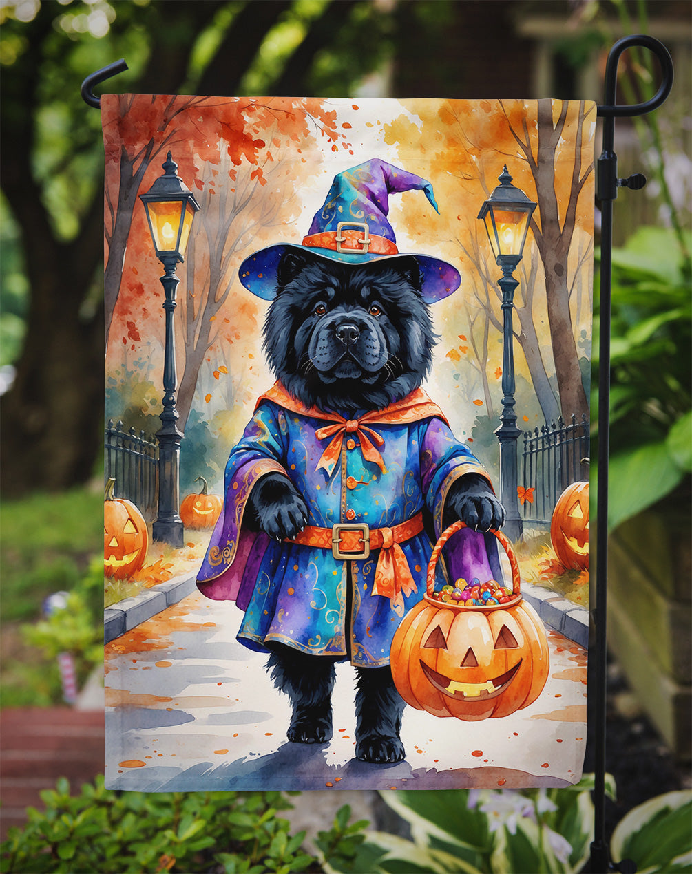 Black Chow Chow Halloween Trick or Treat Garden Flag Mailbox Decorative Yard Banner Outside Patio Artwork for Flower Beds, Garden Size, Multicolor