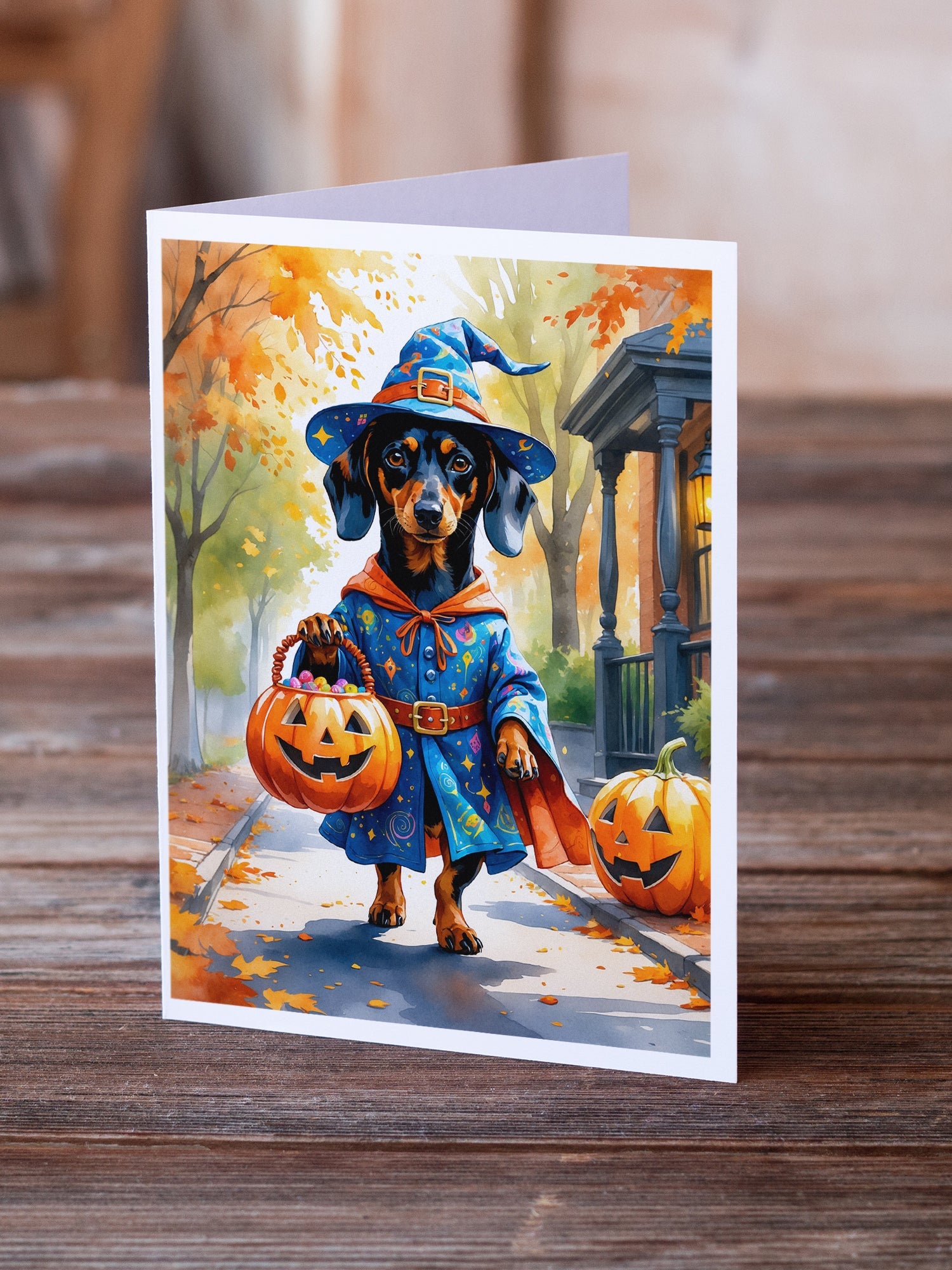 Dachshund Halloween Trick or Treat Greeting Cards Pack of 8 Blank Cards with Envelopes Whimsical A7 Size 5x7